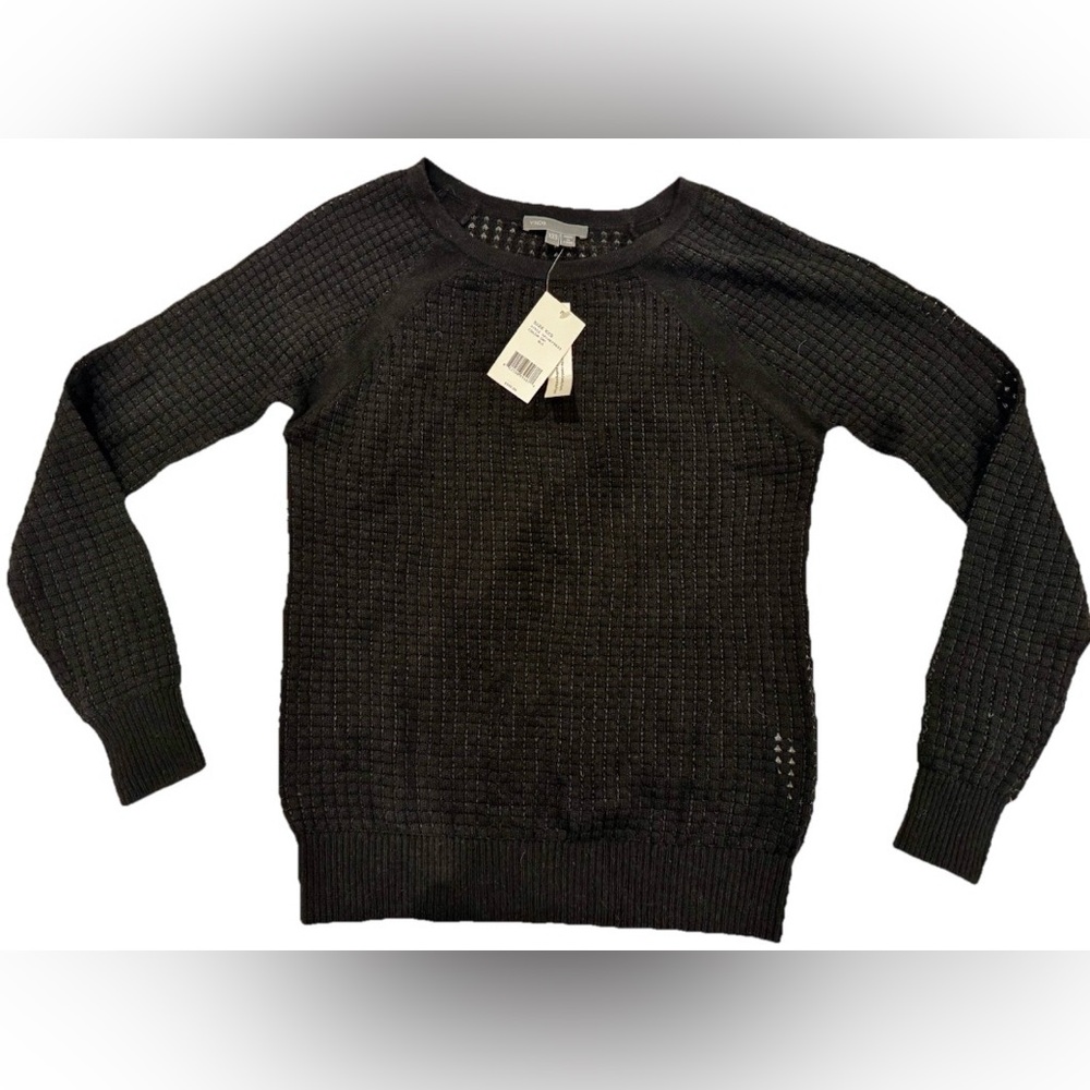 SALE $345 NWT VINCE CASHMERE WAFFLE KNIT BLACK PULLOVER SWEATER sz XXS